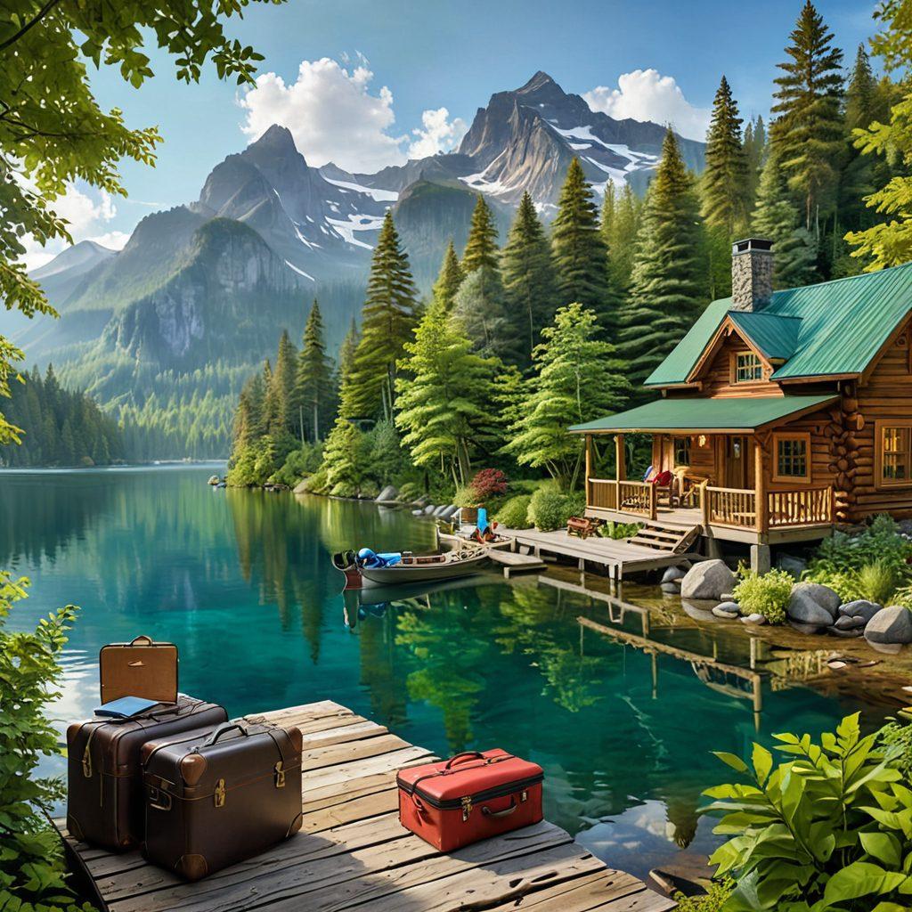 A picturesque vacation rental nestled by a serene lakeside, with lush greenery and mountains in the background. A family happily unpacking their bags, with a charming wooden cabin and a stone path leading to a pristine dock. Suitcases, travel brochures, and a world map scattered around hint at the planning process. super-realistic. vibrant colors.