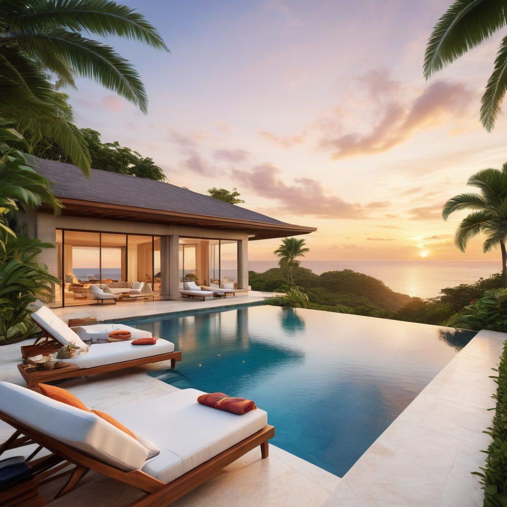 A picturesque tropical beachfront villa with a crystal-clear infinity pool, surrounded by lush greenery, and styled with elegant outdoor lounge furniture. A panoramic view of a serene sunset over the ocean. Super-realistic. Vibrant colors. White background.