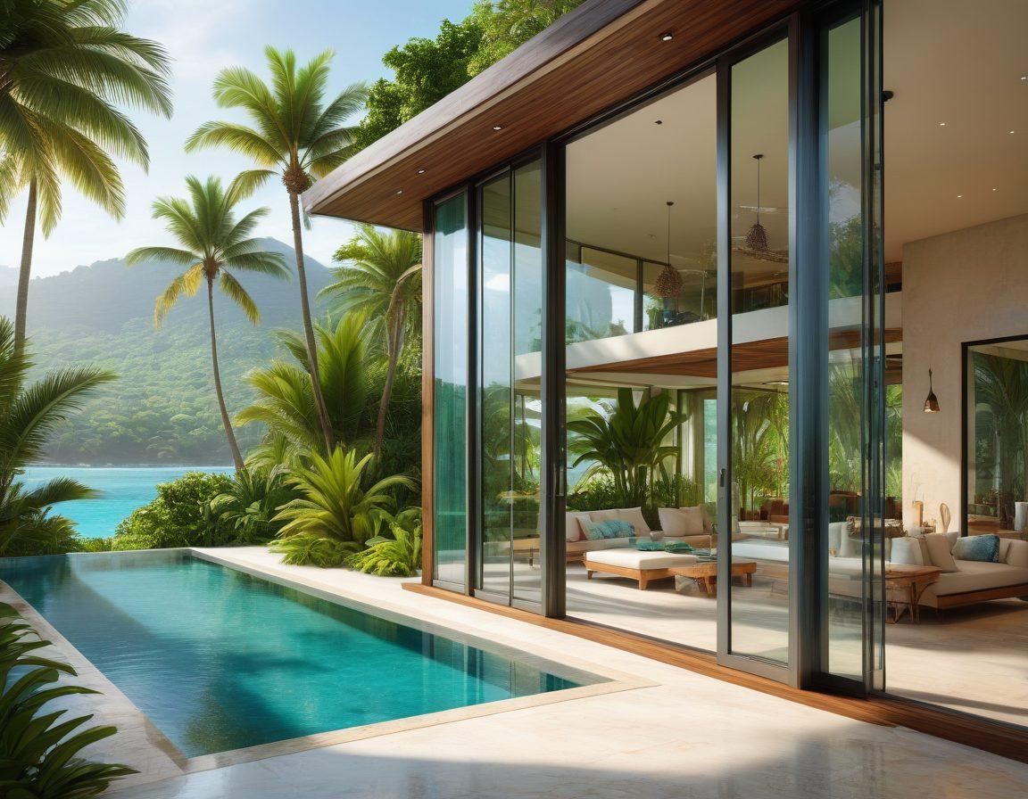 A stunning beachfront villa with crystal-clear turquoise waters lapping at its private shore, palm trees swaying in the breeze, and a modern, opulent interior visible through wide-open glass doors. Nearby, a mountain villa nestled amidst lush greenery and misty forest, exuding a sense of secluded serenity. Vibrant sunlight bathing the scene, blending the contrasting atmospheres harmoniously. super-realistic. vibrant colors.